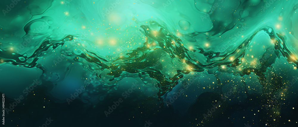 Fototapeta premium Various Stains and Overflows of Gold Particles in Green Gradient Abstract Background