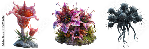 Alien Flora Specimen 3D Render Set Isolated on Transparent or White Background, PNG