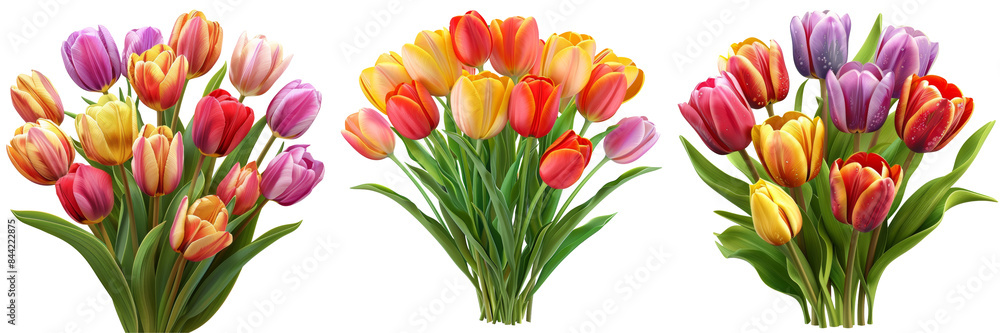 Obraz premium Colorful Spring Tulips Flowers Bouquet Isolated on Transparent or White Background, PNG