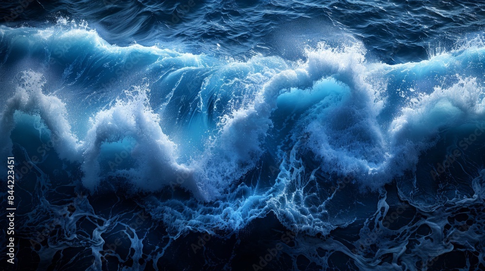 Close-up of a turquoise ocean wave crashing against the surface, creating a foamy white crest Close-up of a turquoise ocean wave crashing against the surface, creating a foamy white crest