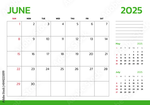June 2025 Calendar. Week start on Sunday. Desk calendar 2025 design, simple and clean design, Wall calendar for print, digital calendar, Corporate design planner template vector.