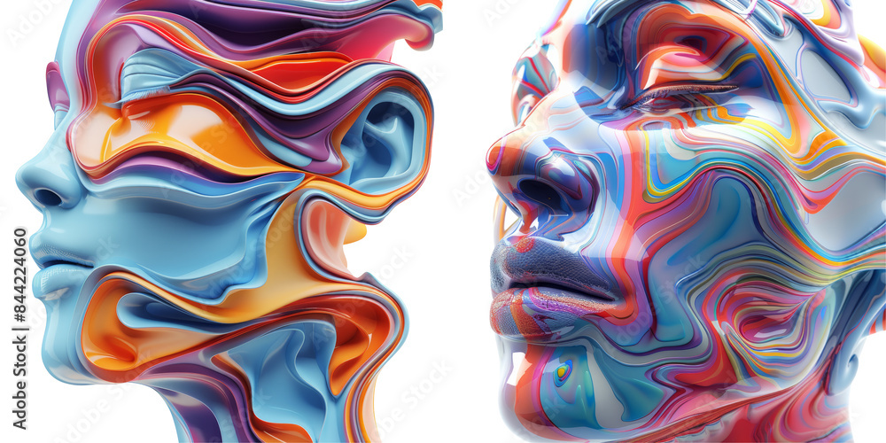 Obraz premium Abstract Colorful Face 3D Render Set Isolated on Transparent or White Background, PNG