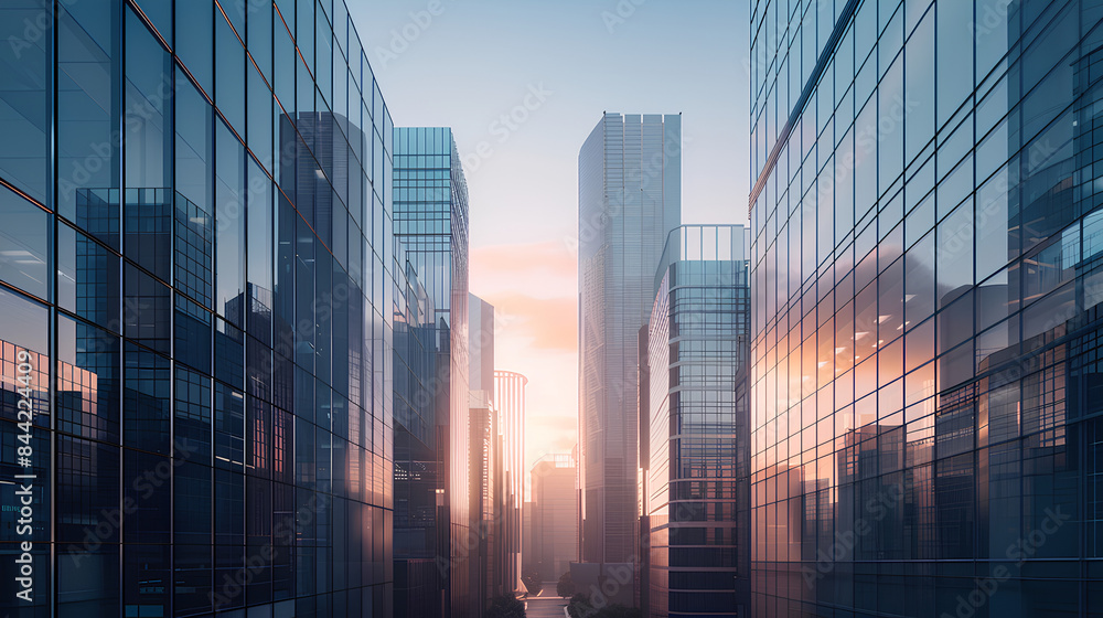 Futuristic architecture in a bustling business district with sleek glass buildings Futuristic architecture in a bustling business district with sleek glass buildings