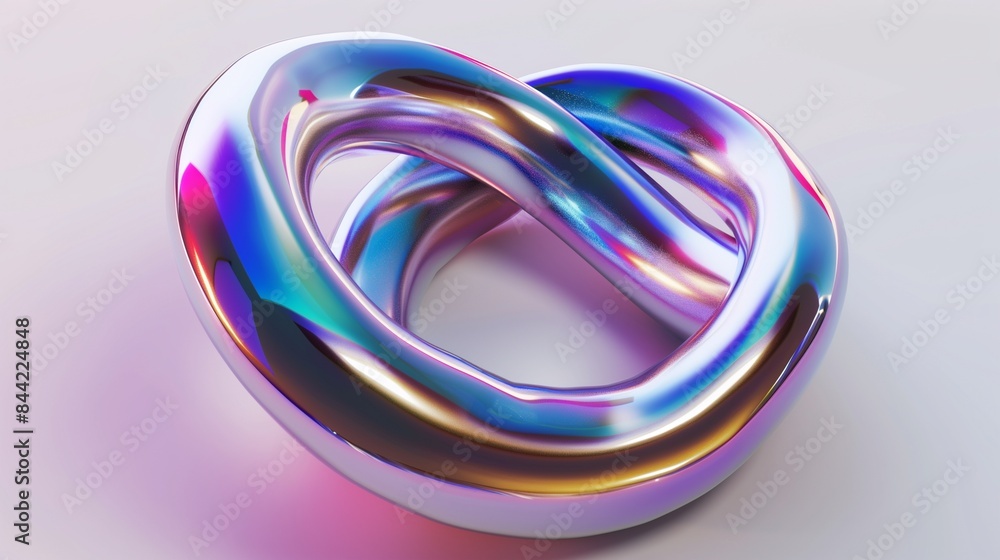 3D twisted iridescent metallic ring with flowing curves, isolated scene.