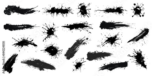 Set of black paint, ink brush strokes, brushes, lines, grungy. Abstract dirty artistic design elements, boxes, frames. Vector illustration. Isolated on white background.