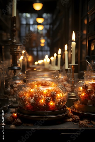 Candles in a glass jar in the interior of the church. © Iman