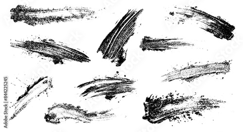 Set of black paint splater, ink brush strokes, brushes. Vector illustration. Isolated on white background. mezzotint photocopy effect, grunge punk y2k collage design. brutalist retro vintage poster.