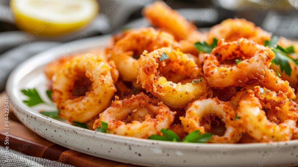 Plate of crispy and golden-brown calamari rings cooking in the air fryer