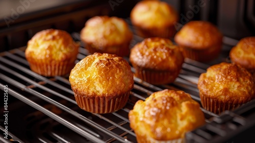 Fluffy and moist muffins baking in the air fryer, delicious golden hue