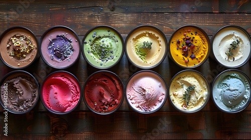 Delicious Assortment of Gourmet Iceream Flavors Artfully Arranged in Bowls from Overhead Perspective photo