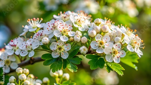 Delicate White Flowers Of A Hawthorn Tree In Spring, With A Blurred Background Of Green Leaves.