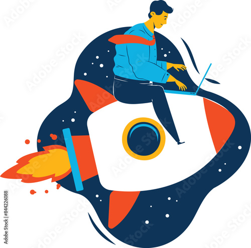 A employee is using his laptop while riding a rocket