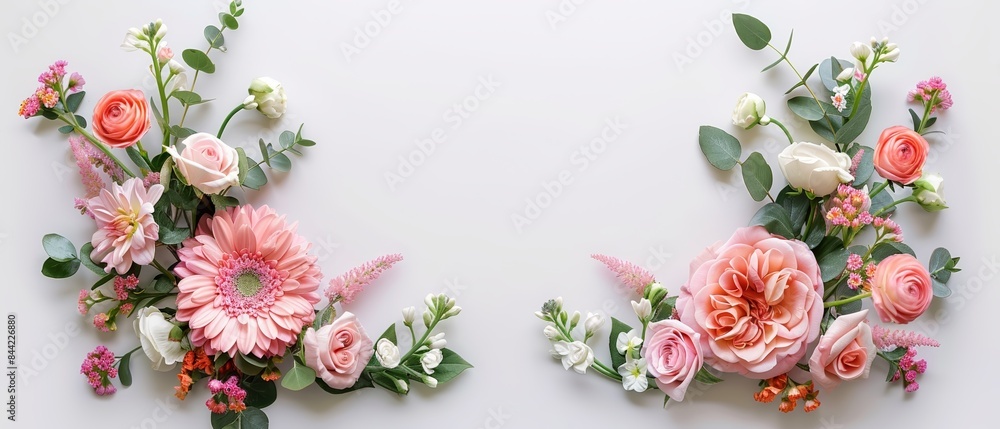 Pink and white flower arrangement on a white background. Pink and white flower arrangement on a white background.