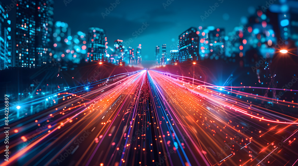 Smart city and abstract polygon pattern connection with speed line light Smart city and abstract polygon pattern connection with speed line light