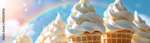 Close-up of soft serve ice cream cones against a colorful background.