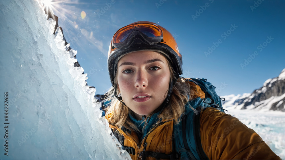 Woman ice climbing axe striking ice look of determination sunlight reflecting off glacier Woman ice climbing axe striking ice look of determination sunlight reflecting off glacier