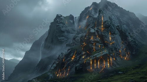 Brooding Mountain Range with Glowing Ancient Runes Carved in Rocks