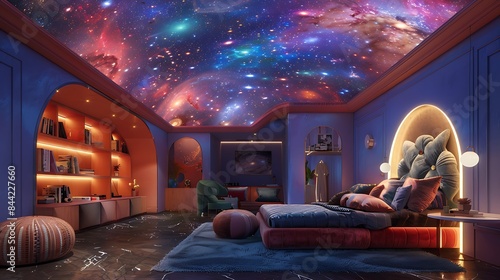 A cozy bedroom with a stunning galaxy-themed ceiling and colorful furniture photo