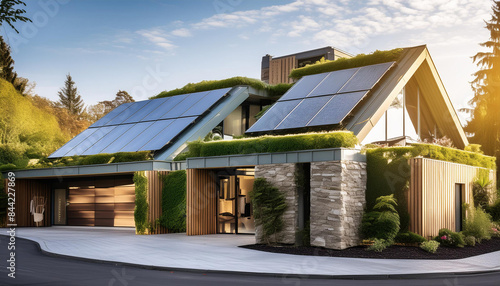 Wallpaper Mural Modern home with a flat roof, large windows, and solar panels covering the roof Torontodigital.ca