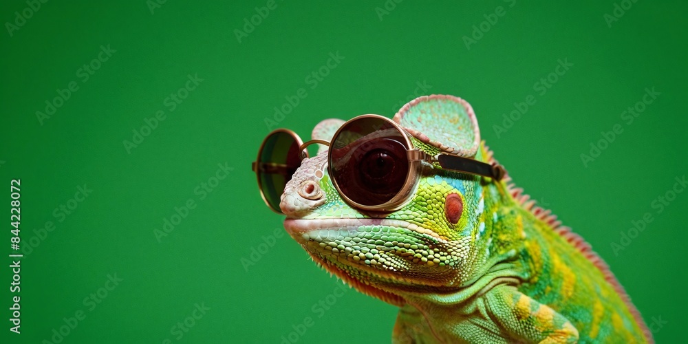 Chameleon with Sunglasses on a Solid Background, Featuring Ample Copy Space
