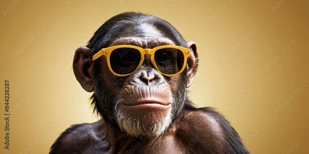 Chimpanzee with Sunglasses on a Solid Background, Featuring Ample Copy Space
Chimpanzee with Sunglasses on a Solid Background, Featuring Ample Copy Space