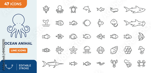 Sea Life & Ocean Animals icon set. Contain icons related to Marine Life. Editable stroke. Vector illustration	