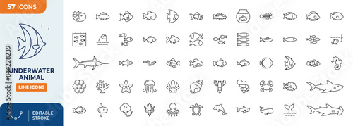 Underwater animal Line Editable Icons set. Editable stroke. Vector illustration	