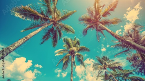 vintage tropical palm trees on blue sky background photo
