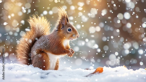 Cute red squirrel sitting in the snow covered with snowflakes © BLACK ADAM