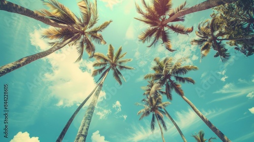 vintage tropical palm trees on blue sky background