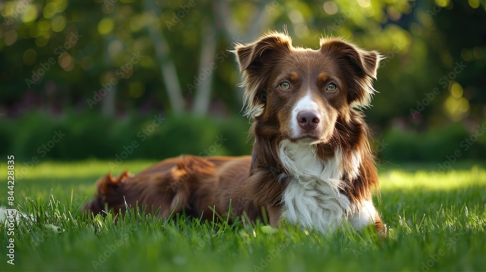 Dog with brown and white fur on green lawn Dog with brown and white fur on green lawn
