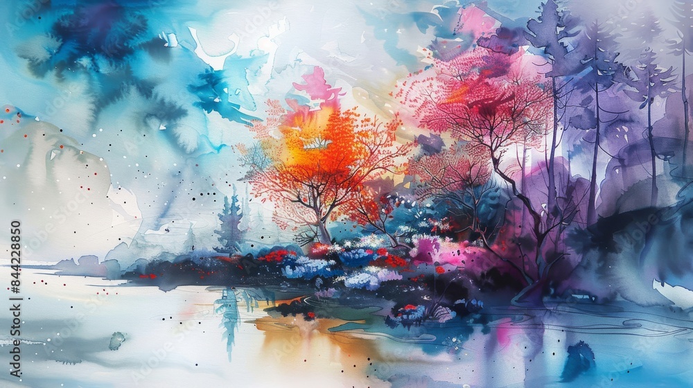 Fototapeta premium A painting of a forest with trees and a body of water. The trees are orange and pink, and the water is blue. The mood of the painting is peaceful and serene