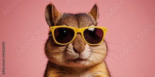 Chipmunk with Sunglasses on a Solid Background, Featuring Ample Copy Space 