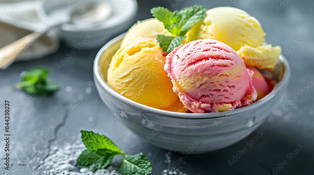 Fruit flavored ice cream scoop topped with mint leaves grey background Fruit flavored ice cream scoop topped with mint leaves grey background