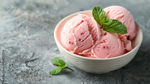Fruit flavored ice cream scoop topped with mint leaves grey background
