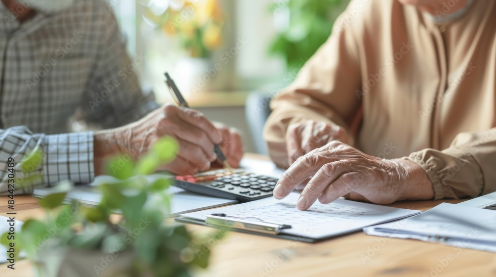 Fototapeta premium A middle aged couple talking with a planner about retirement plans.