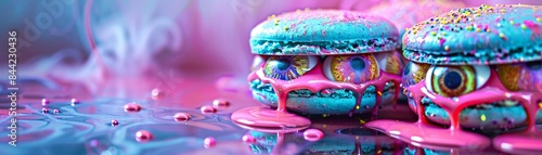 Creepy psychedelic macaron, eyeballs and dripping goo, spooky Halloween candy, vibrant colors 8K , high-resolution, ultra HD,up32K HD photo