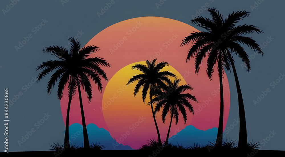 Minimalistic 2d Plain aesthetic logo of palm trees and sunset silhouette in black, blue, orange and pink color, vintage 80s style, for a logo or a t-shirt design icon logo style 2d on plain background Minimalistic 2d Plain aesthetic logo of palm trees and sunset silhouette in black, blue, orange and pink color, vintage 80s style, for a logo or a t-shirt design icon logo style 2d on plain background