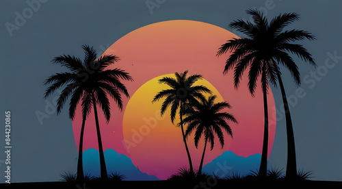 Minimalistic 2d Plain aesthetic logo of palm trees and sunset silhouette in black  blue  orange and pink color  vintage 80s style  for a logo or a t-shirt design icon logo style 2d on plain background
