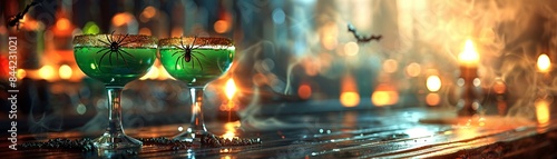 Wallpaper Mural Halloween party cocktails, green drinks with spider decorations, spooky bar setting, smoky ambiance 8K , high-resolution, ultra HD,up32K HD Torontodigital.ca