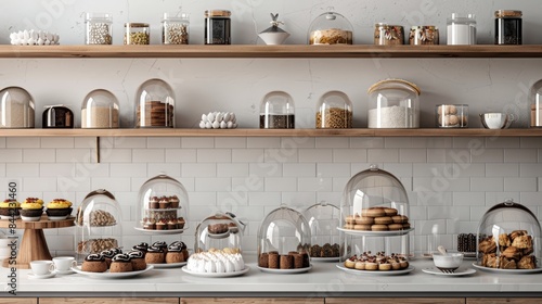 Sleek coffee shop counter mockup featuring an array of pastries under glass domes, against a clean white backdrop. Textures and details shine, Created with Generative AI.