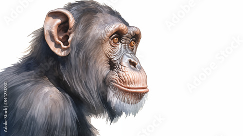 Chimpanzee water color illustration portrait side view on white background