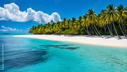 beach with palm trees and umbrellas on Le morne Brabant beach in Mauriutius. Tropical crystal ocean with Le Morne beach and luxury beach in Mauritius. Le Morne beach with palm trees, white sand Gener