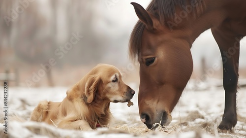 Horse and dog eating food togather photo