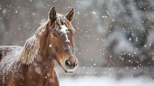 Horse portrait in winter snow storm