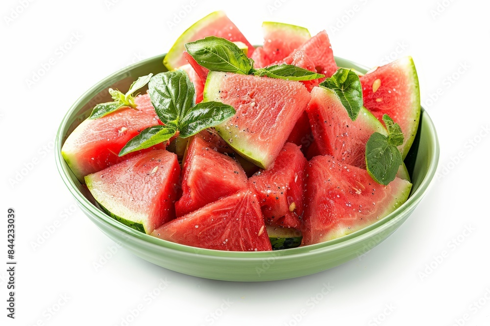 Freshly sliced watermelon in a green bowl garnished with basil leaves, highlighting a vibrant and refreshing summer snack. Freshly sliced watermelon in a green bowl garnished with basil leaves, highlighting a vibrant and refreshing summer snack.