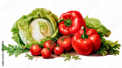 Fresh vegetables including lettuce  bell peppers  and tomatoes on a white background. Perfect for healthy eating and cooking themes.