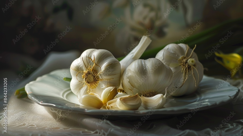 Rustic still life of garlic on a white plate, showcasing fresh cloves and bulbs under soft, natural lighting. Rustic still life of garlic on a white plate, showcasing fresh cloves and bulbs under soft, natural lighting.