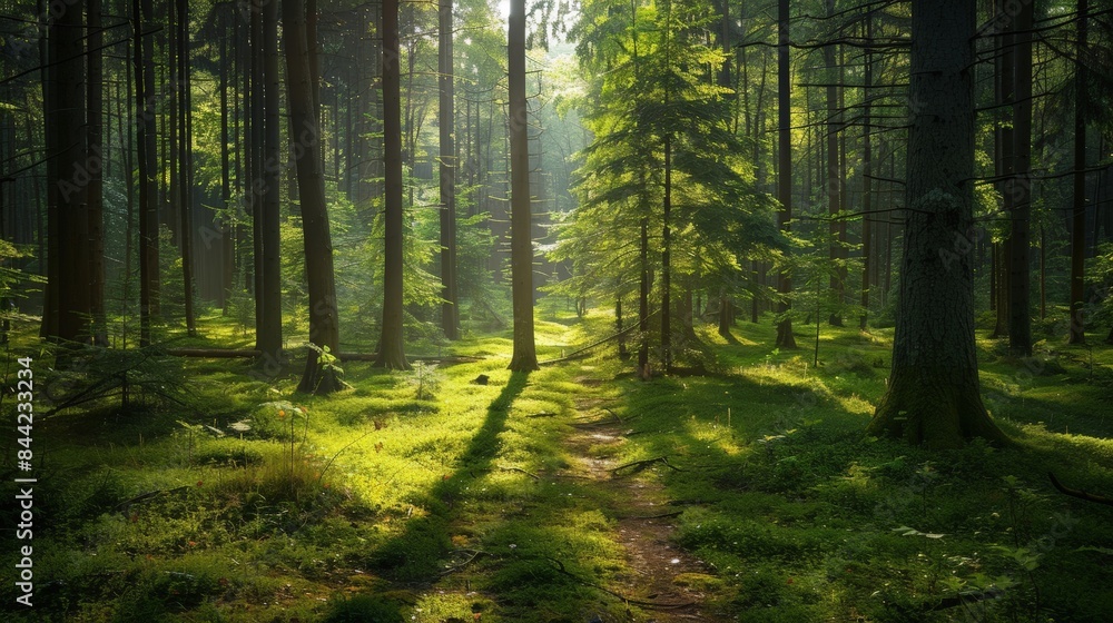 Serene forest landscape with sun rays piercing through tall trees highlighting a peaceful woodland path during daytime. Serene forest landscape with sun rays piercing through tall trees highlighting a peaceful woodland path during daytime.