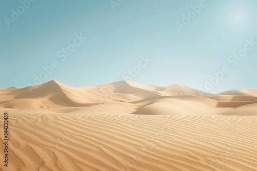 Vast  serene desert landscape with golden sand dunes under a bright blue sky  captured on a sunny day  showcasing nature s beauty and tranquility.